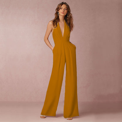 Women's White Halter Wide Leg Jumpsuit with Pockets | noémi