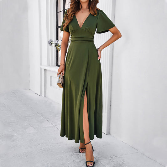 Women's Wrap Maxi Dress with Slit | Deep V Neck, Short Sleeves | noémi