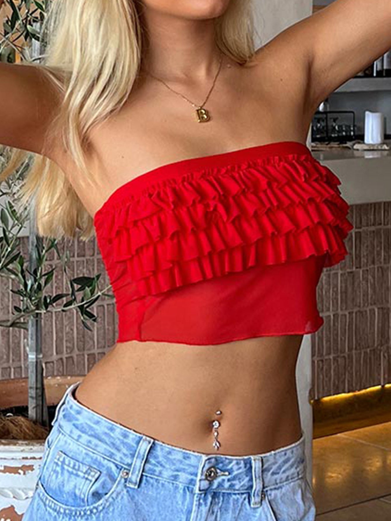 Ruffle Strapless Bandeau Crop Top | Bold Red, Tube Top | noémi