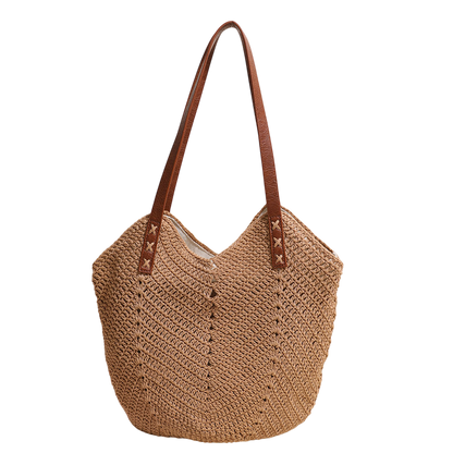 Cotton-Woven Shoulder Tote Bag – Hollow-Out Large-Capacity Beach Carryall, Cream | noémi
