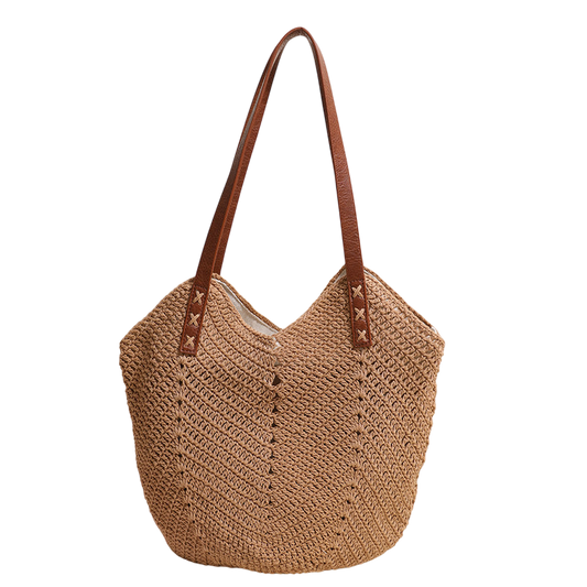 Cotton-Woven Shoulder Tote Bag – Hollow-Out Large-Capacity Beach Carryall, Cream | noémi