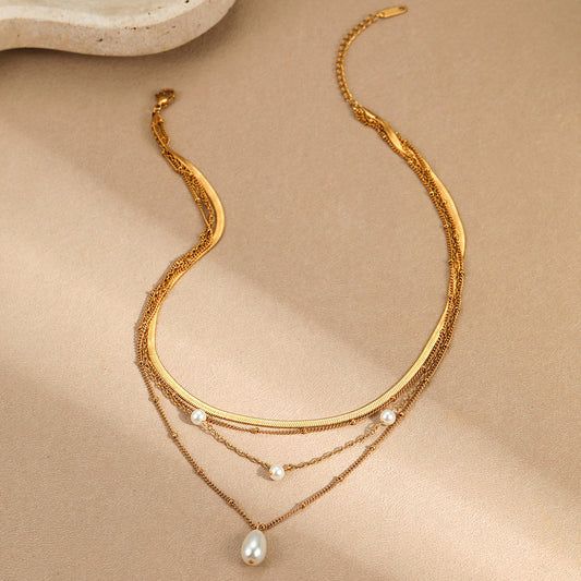 Multi Layer Gold Necklace with Water Drop Pearl | Tassel Pendant for Women | noémi