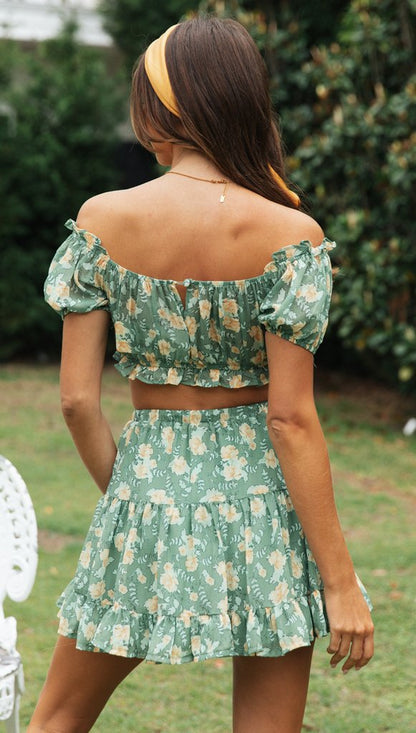 Green Floral Off Shoulder Crop Top & Skirt Set | noémi
