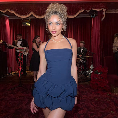 Womens Slim Fit Tube Top Puffy Dress with Halter Lace Up Back | noémi