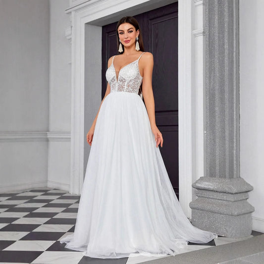 Tulle A Line Wedding Dress | Sheer Lace Bodice Spaghetti Straps | noémi