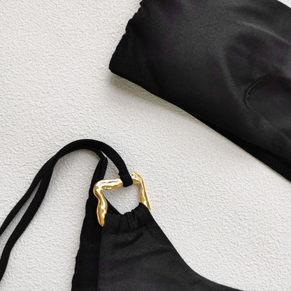 One Shoulder Triangle Bikini Set with Cutout Detail in Pure Black | noémi