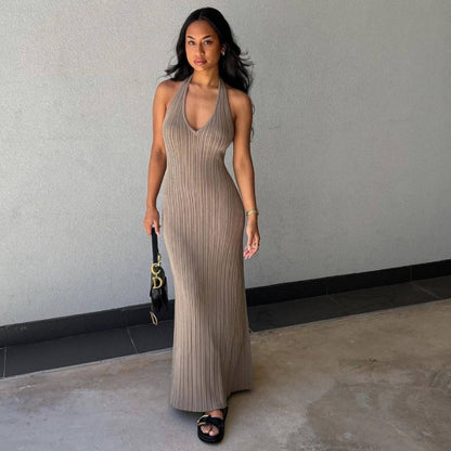 V Neck Knitted Long Dress with Backless Lace Up Detail | noémi