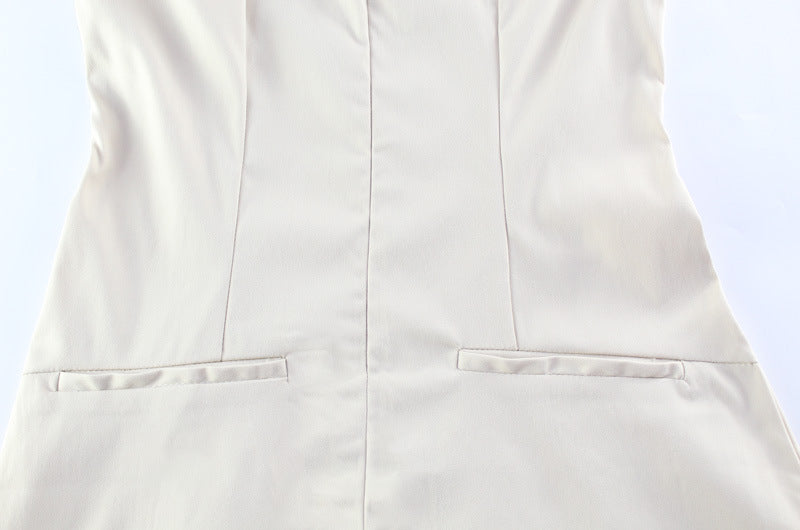 High Neck Seam Detail Mini Dress | Structured Sleeveless ALine in Sand Beige | noémi