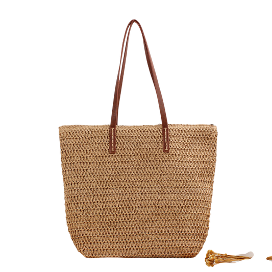 Brown Straw Woven Shoulder Bag – Pure Color Minimalist Tote for Daily Commute | noémi