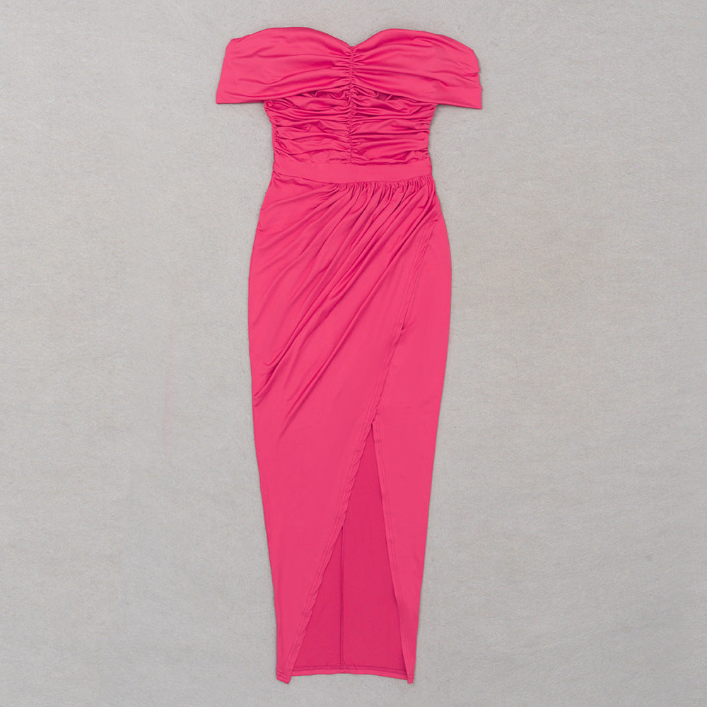 Womens Off Shoulder Pleated Backless Dress with Side Slit Slim Fit | noémi