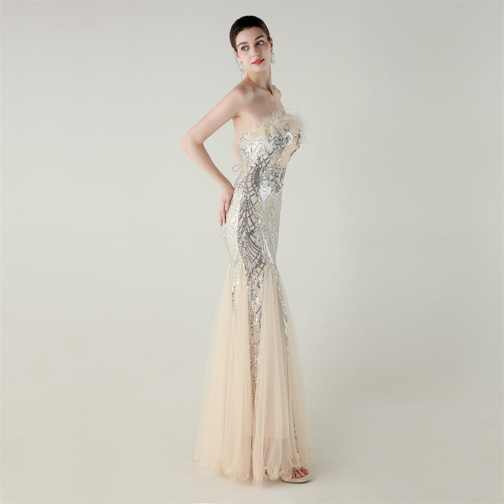 Sequin Beaded Floral Feather Gown | Mesh Fishtail Strapless Cross Back | noémi