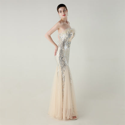 Sequin Beaded Floral Feather Gown | Mesh Fishtail Strapless Cross Back | noémi