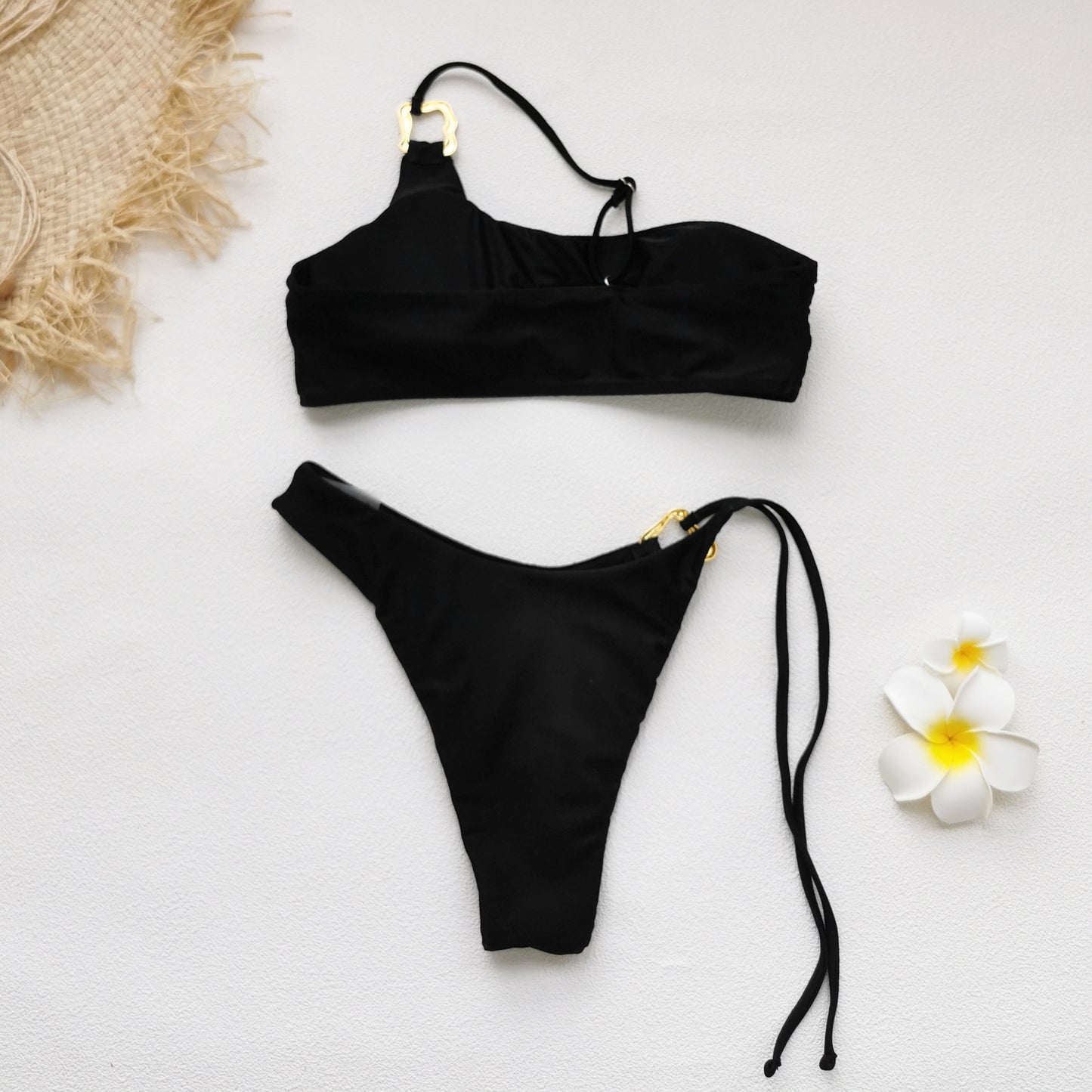 One Shoulder Triangle Bikini Set with Cutout Detail in Pure Black | noémi
