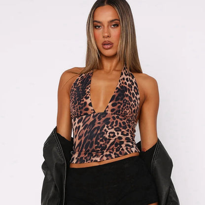 Womens Leopard Print Halter Neck Sleeveless Backless V Neck Crop Top | noémi