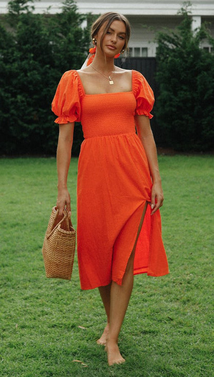 Womens Orange Puff Sleeve Maxi Dress with Side Split | noémi