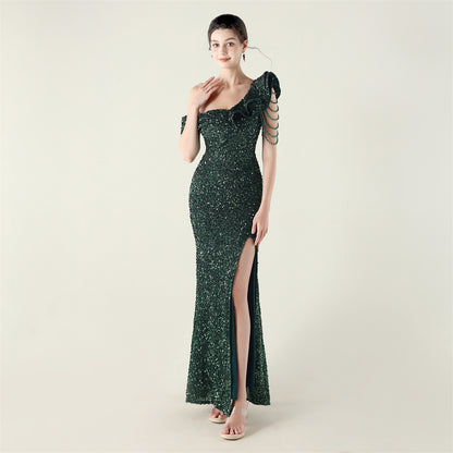 One Shoulder Ruffled Sequin Gown | noémi