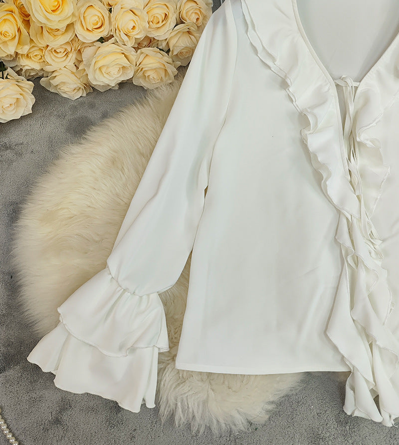 V Neck Flounce Chiffon Shirt for Women | Bell Sleeve Loose Top | noémi