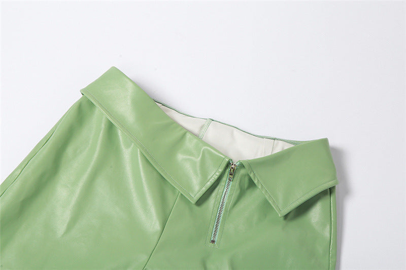 Womens Faux Leather Two Piece Set | Collar Crop Vest High Waist Straight Leg | noémi