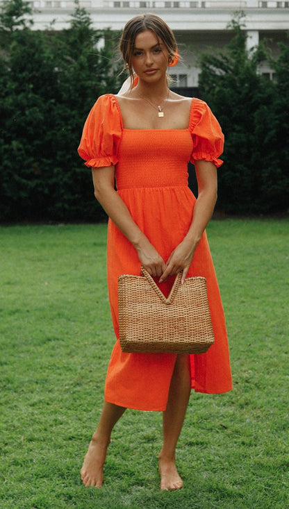 Womens Orange Puff Sleeve Maxi Dress with Side Split | noémi