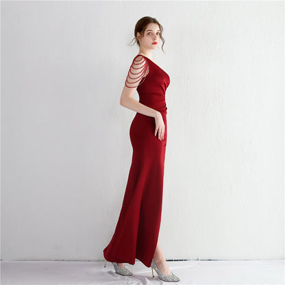 Satin Beaded One Shoulder Fishtail Gown | Slim Fit Slit Maxi Dress | noémi