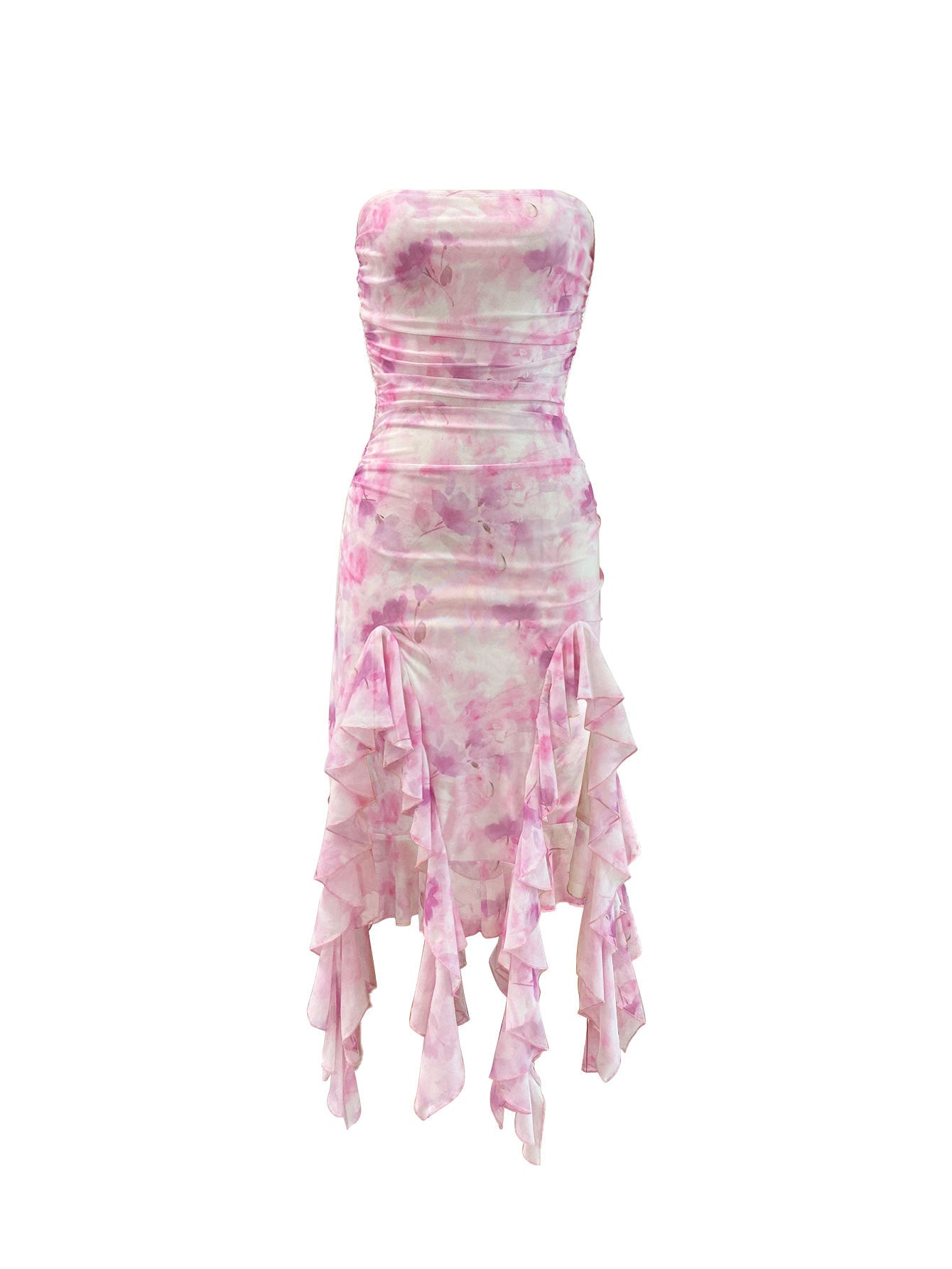 Pink Ruched Strapless Tie Dye Mesh Midi Dress | noémi