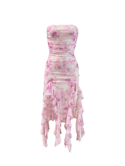 Pink Ruched Strapless Tie Dye Mesh Midi Dress | noémi