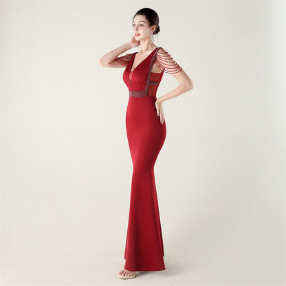 Deep V Plunge Beaded Evening Dress | Slim Fit Gown | noémi