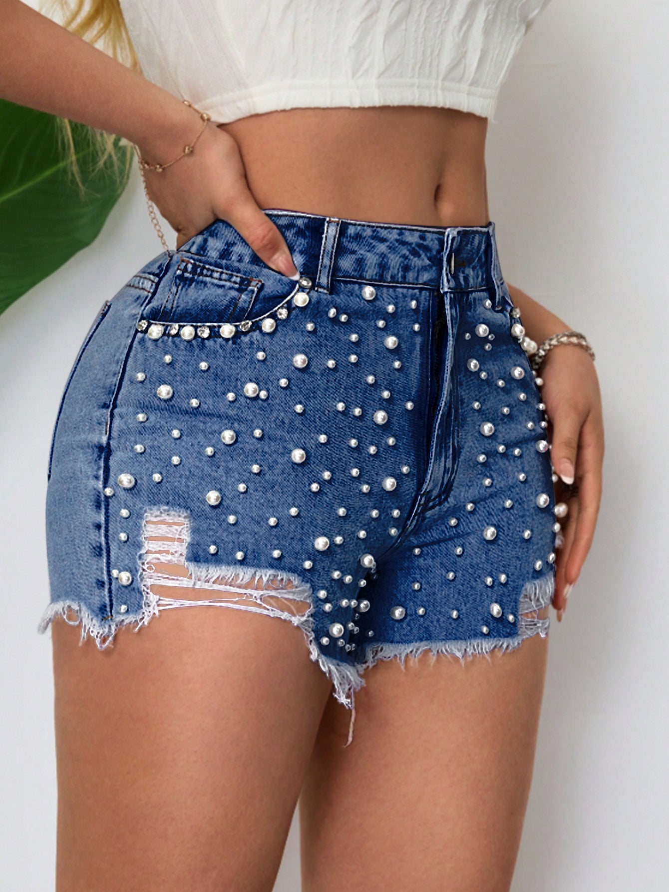 Belted Pearl Embellished Denim Shorts for Women | noémi