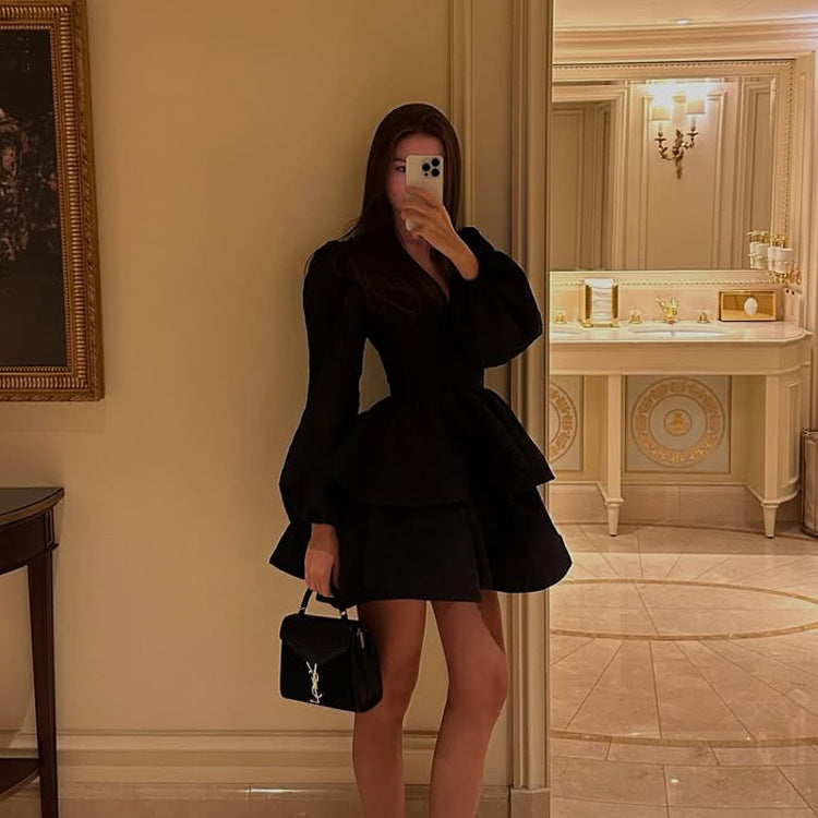 Women’s Black Puff Sleeve VNeck ALine Dress | Waist Controlling Tiered Mini Dress | noémi