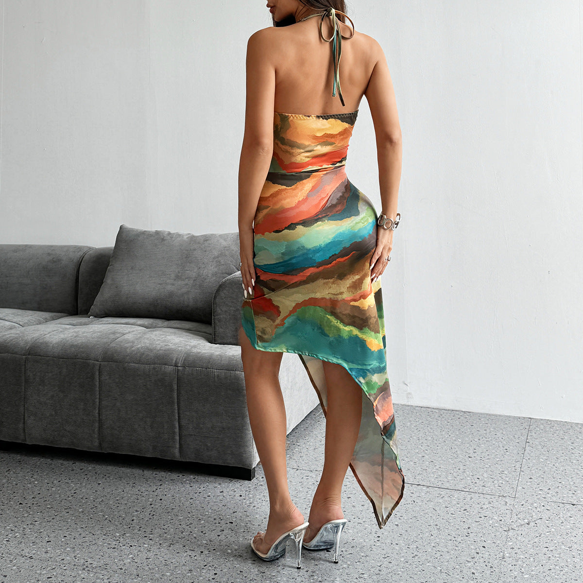 Womens Backless Bodycon Dress | Lace Up, Sleeveless, Tie Dye Print, Slit Hem | noémi