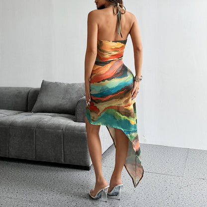 Womens Backless Bodycon Dress | Lace Up, Sleeveless, Tie Dye Print, Slit Hem | noémi