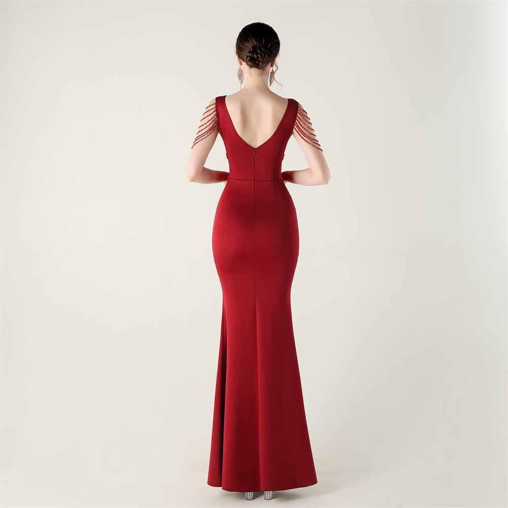 Deep V Plunge Beaded Evening Dress | Slim Fit Gown | noémi