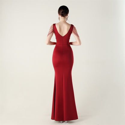 Deep V Plunge Beaded Evening Dress | Slim Fit Gown | noémi