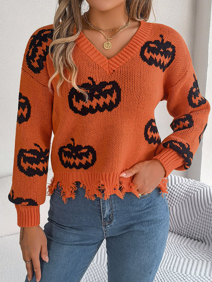 Halloween Pumpkin Sweater for Women | Cut Out Pullover with Distressed Hem | noémi