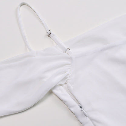 White Mesh Ruched Mini Dress | Off Shoulder Halterneck | Adjustable Straps | noémi