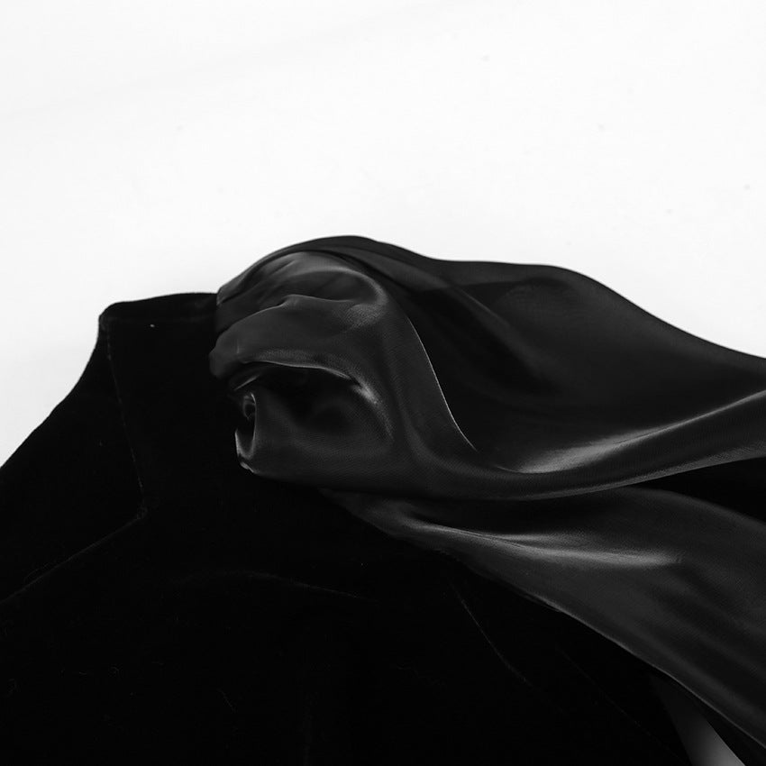 Black Square Neck Puff Sleeve Velvet Knit Dress | noémi