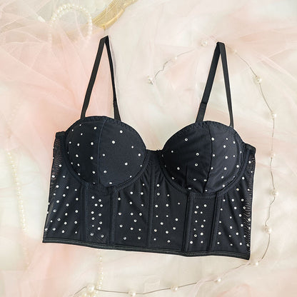 Black Studded Mesh Corset Top | Bustier Crop Top with Rhinestone Detail & Adjustable Straps | noémi