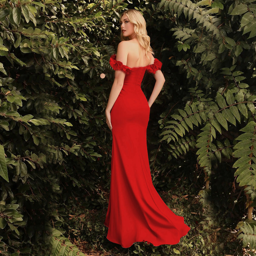 Women’s Red Off Shoulder Gown with Side Slit | noémi