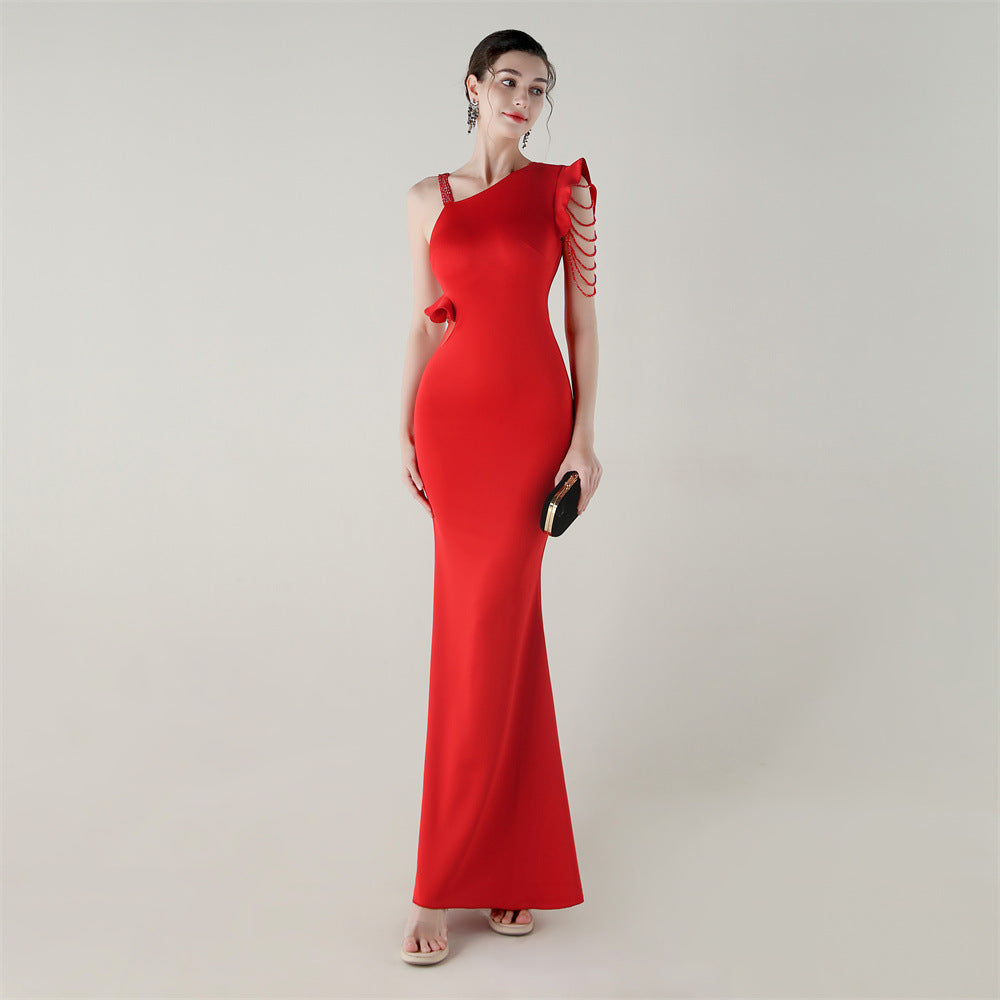 Satin One Shoulder Beaded Fishtail Gown | Cut Out Ruffled Hem Slim Fit | noémi