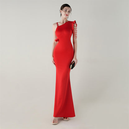 Satin One Shoulder Beaded Fishtail Gown | Cut Out Ruffled Hem Slim Fit | noémi