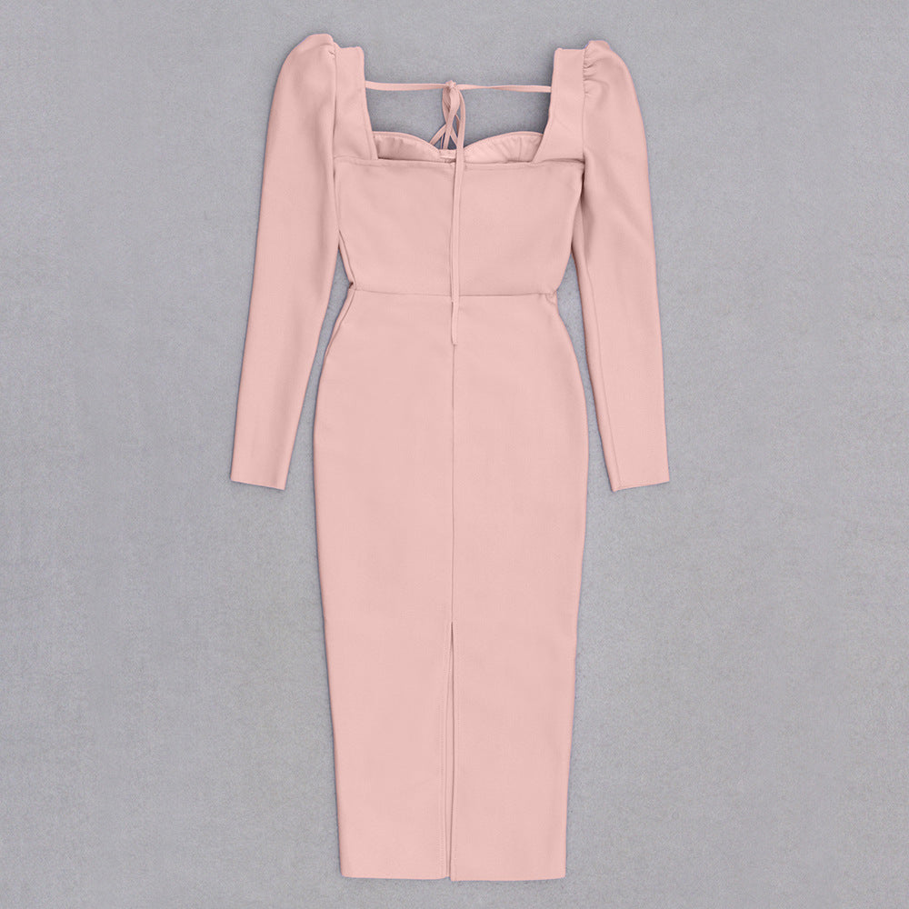 Square Neck Long Sleeve Bandage Dress | Slim Fit One Piece with Hip Length Hem | noémi
