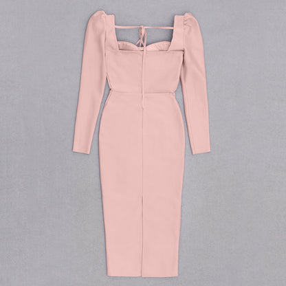 Square Neck Long Sleeve Bandage Dress | Slim Fit One Piece with Hip Length Hem | noémi