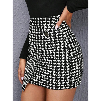 Houndstooth Wrap Mini Skirt | Black & White High Waist Bodycon Fit | noémi