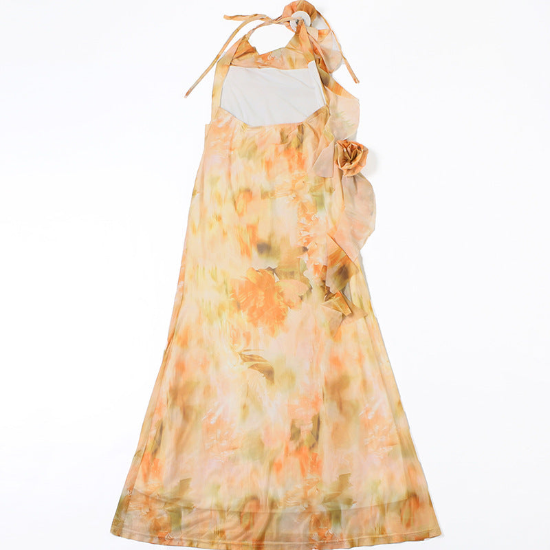 Womens Printed Halter Dress with Lace Up Mesh V Neck | noémi