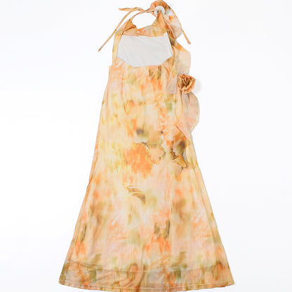 Womens Printed Halter Dress with Lace Up Mesh V Neck | noémi