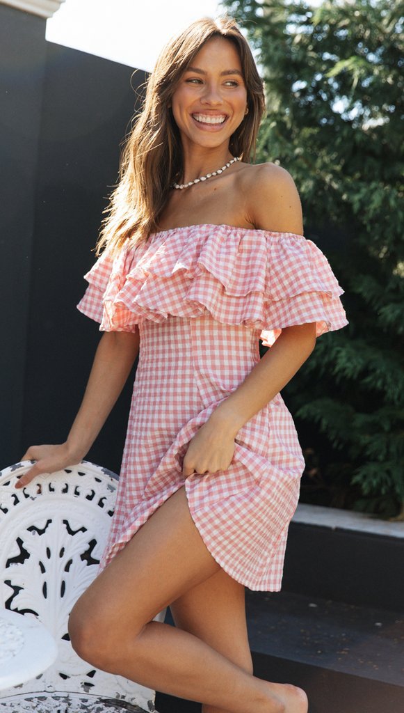 Womens Plaid Off Shoulder Ruffled Dress | noémi