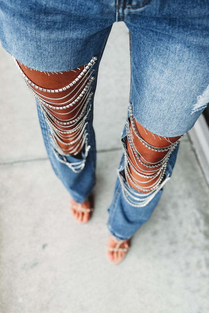 Ripped Straight Leg Jeans | Chain Detail | High Waisted Distressed Denim | noémi