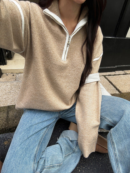 Zipper Sweater for Women | Casual Solid Color Long Sleeve Knit Pullover | noémi