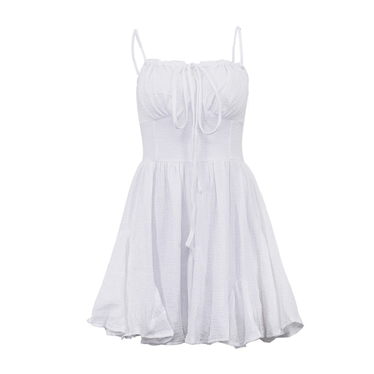 White Ruched Bust Mini Dress | Summer Spaghetti Strap Flowy Skater Fit | noémi