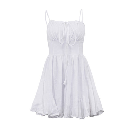 White Ruched Bust Mini Dress | Summer Spaghetti Strap Flowy Skater Fit | noémi